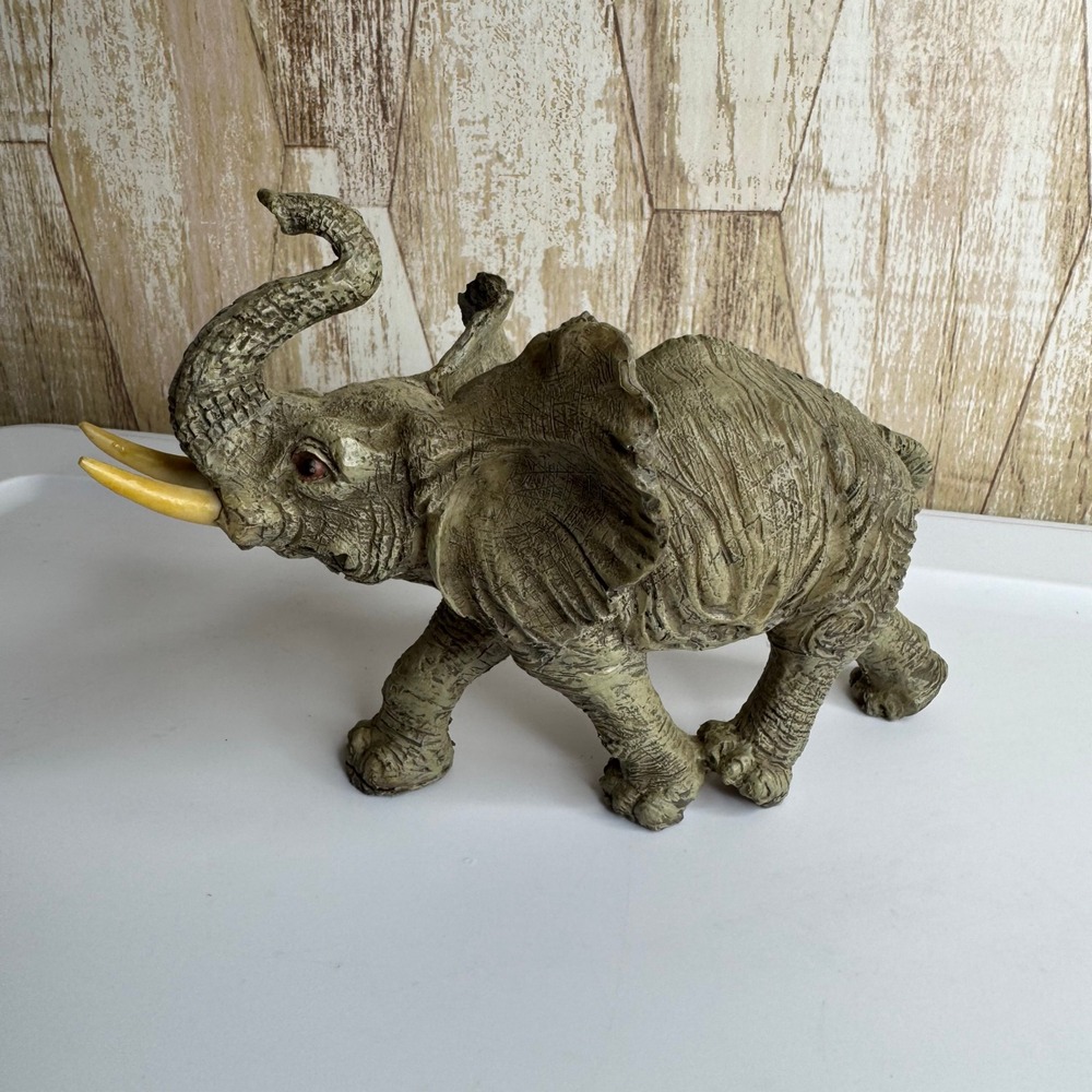 Vintage Textured Elephant Figurine Statue Realistic Gray Tusk Home Decor
